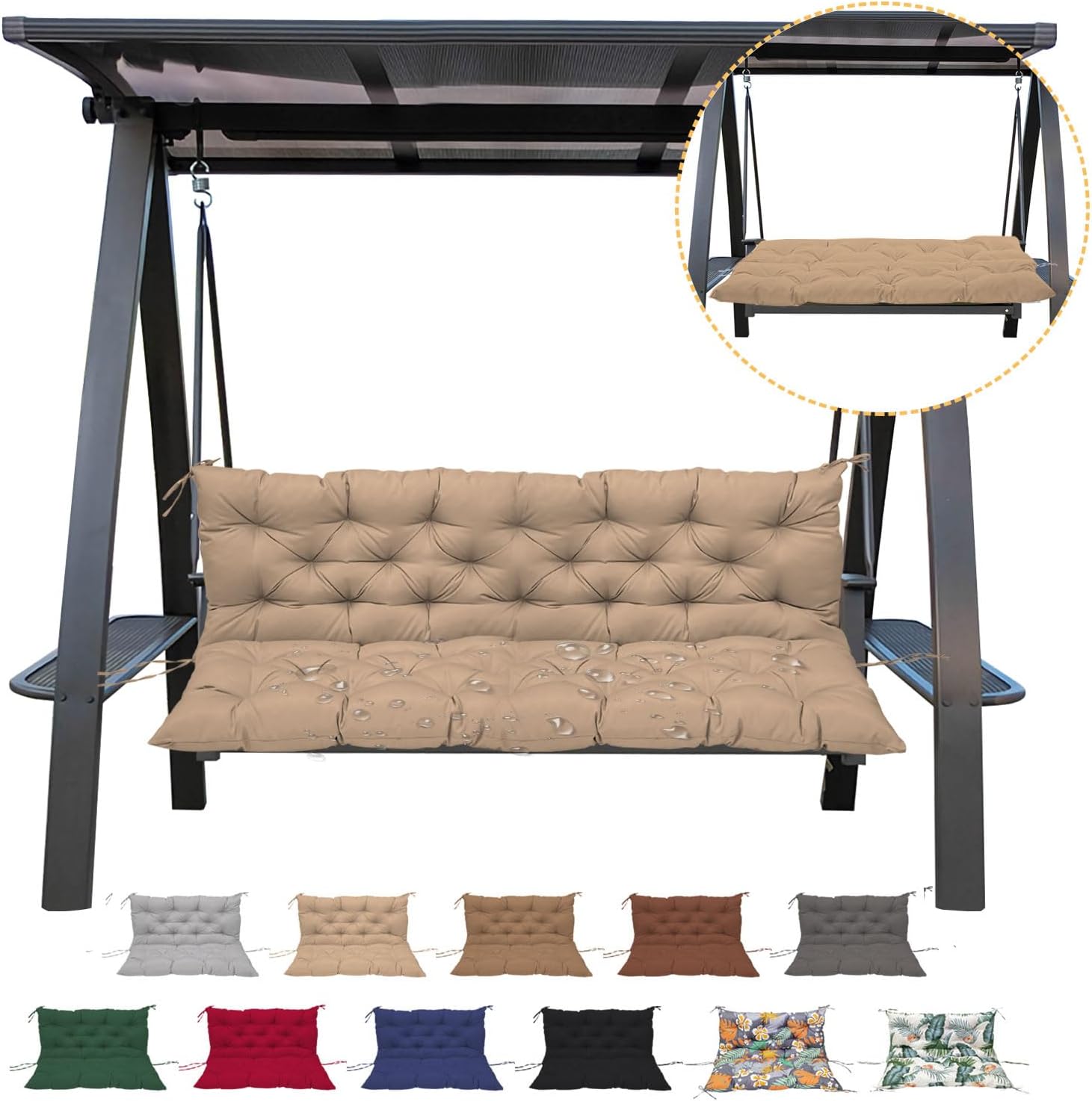 Porch Swing Cushion with Backrest,Waterproof Bench Cushion for Outdoor Furniture,2-3 Seater Replacement Thickened swing cushion with Ties,Patio,Outdoor,Backyard and Garden (Khaki,47x40) Khaki 47x40"
