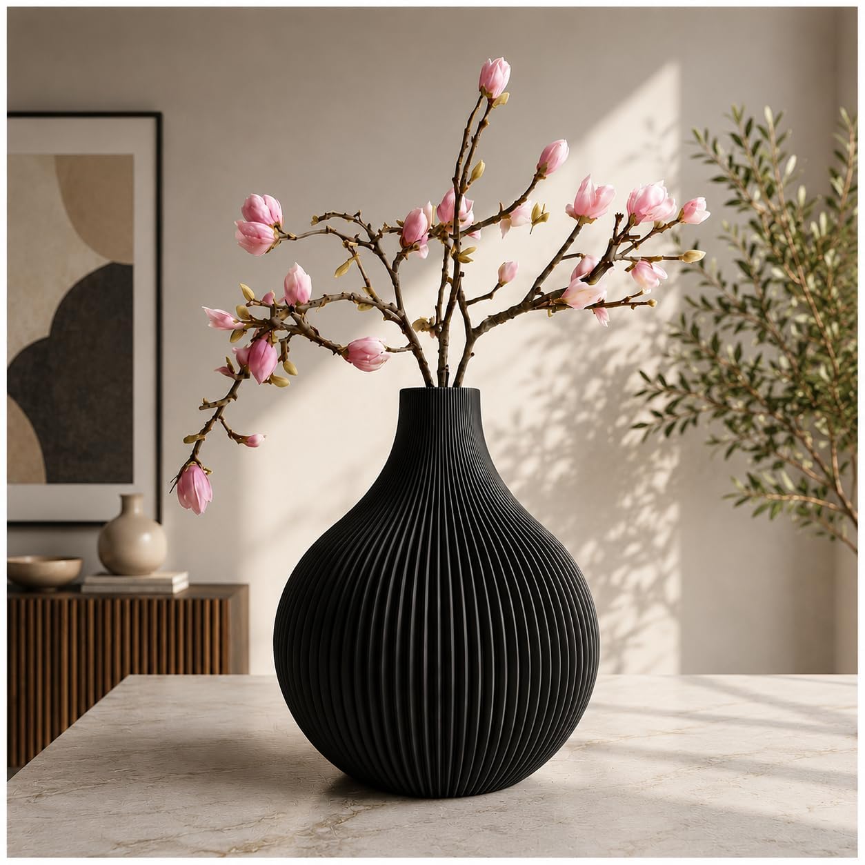 Modern Ridged Flower Vase for Home Decor | Decorative Vase for Pampas Grass & Dried Flowers| Elegant Table Centerpiece | Handmade Aesthetic Gift for Living Room, Bedroom & Office |Black | 20 cm-image-2