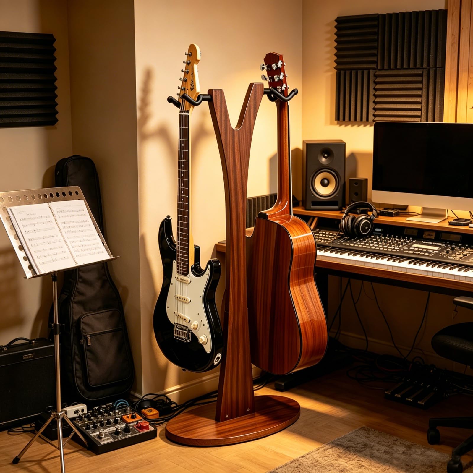 PUNK Doppio supporto per chitarra da pavimento, 2 supporti regolabili per chitarra, 2 supporti per chitarra acustica, elettrica, basso, supporto in legno per chitarre multiple, facile da montare (noce