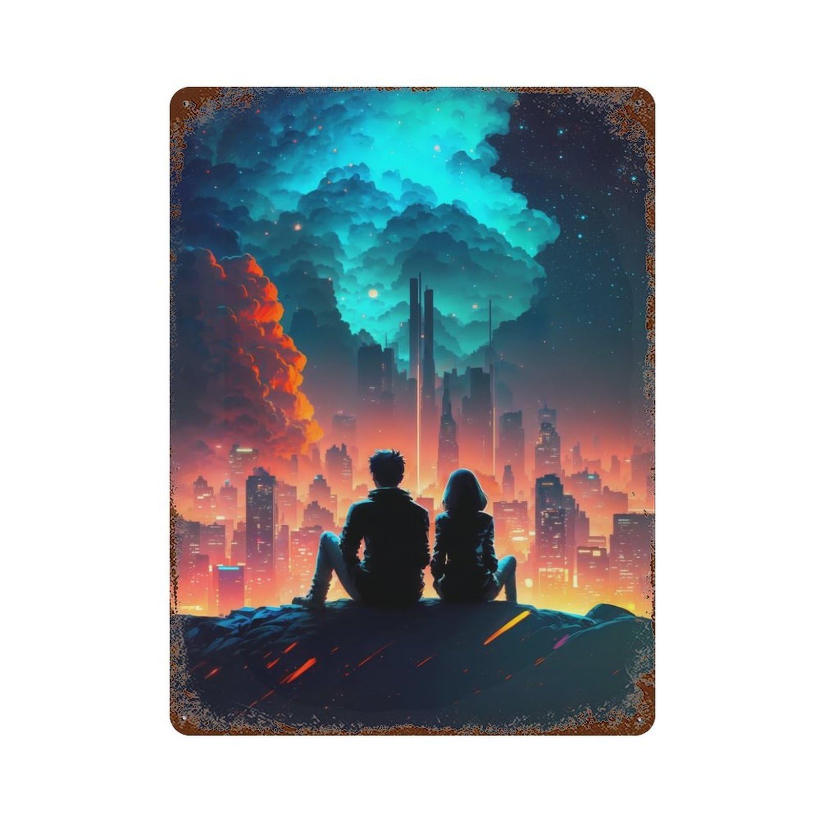 Garage Style Nebula in Futuristic City Decorative Tin Sign 15.7"x11.8", Industrial Home Decor for Bar And Workshop