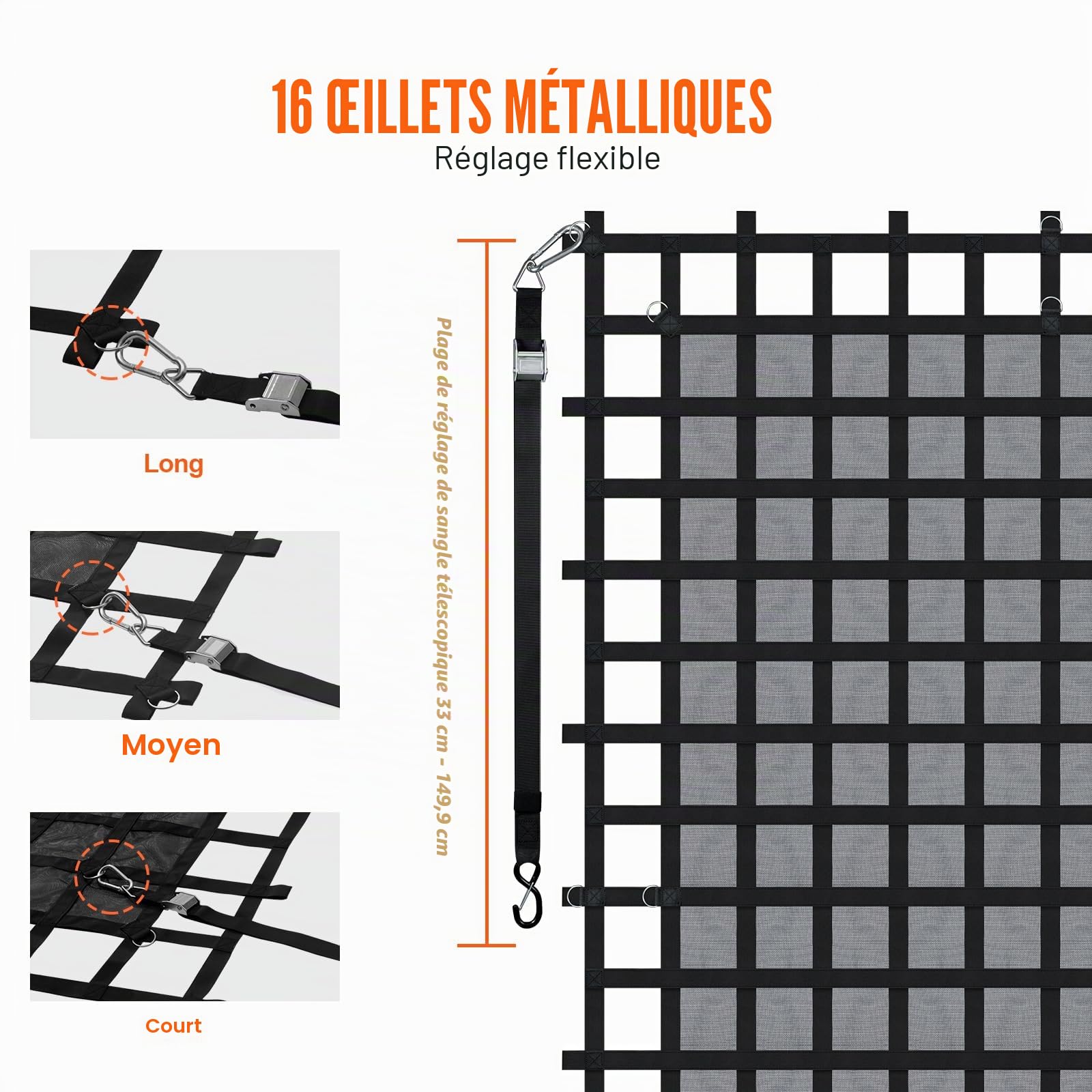 VEVOR Filet de Chargement, 302x267 cm, Filet à Bagages Robuste pour Camion, 680 kg, 4 Sangles réglables avec mousquetons et Crochets en S, résistant à l'usure, aux intempéries, pour Jeep, SUV, Bateau