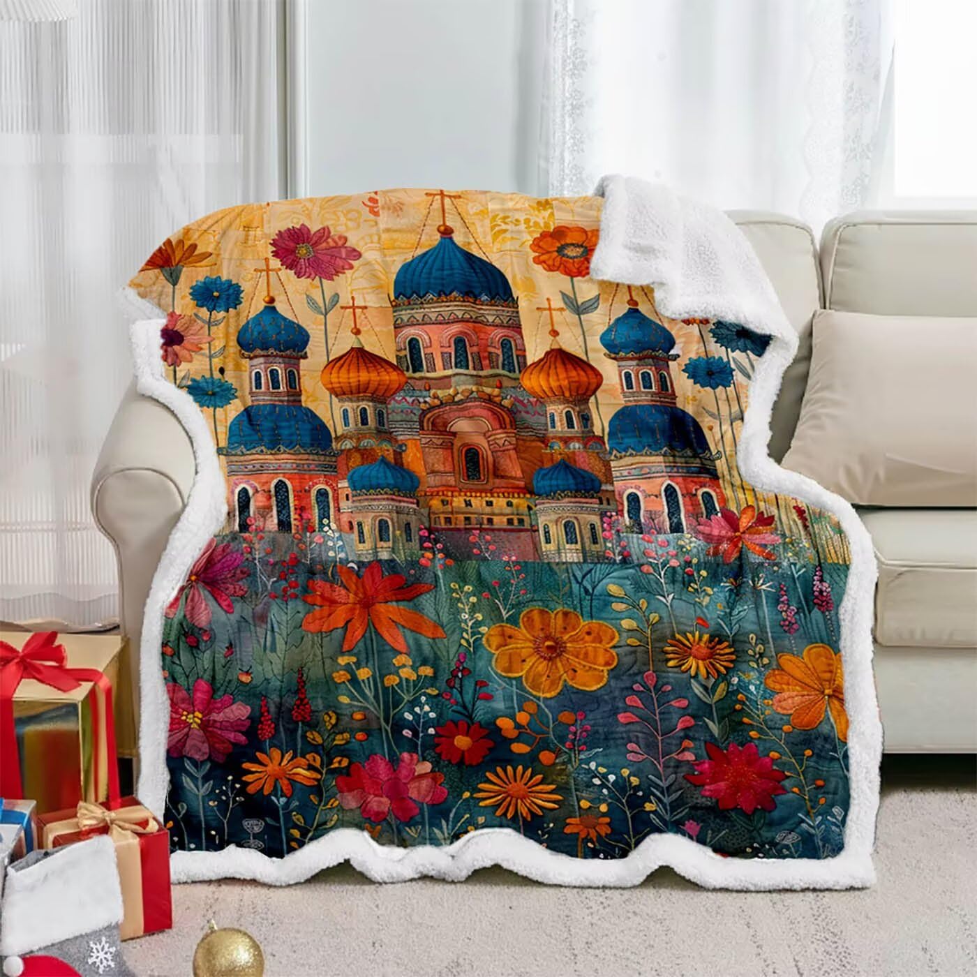 Koc polarowy Sherpa, kościół, miękki, obciążony, zima, jesień, pościel, duży, 140 x 200 cm, gruby, ciepły i oddychający, na krzesło, sofę, kanapę, łóżko, do pokoju podróżnego, dekoracja, prezenty dla
