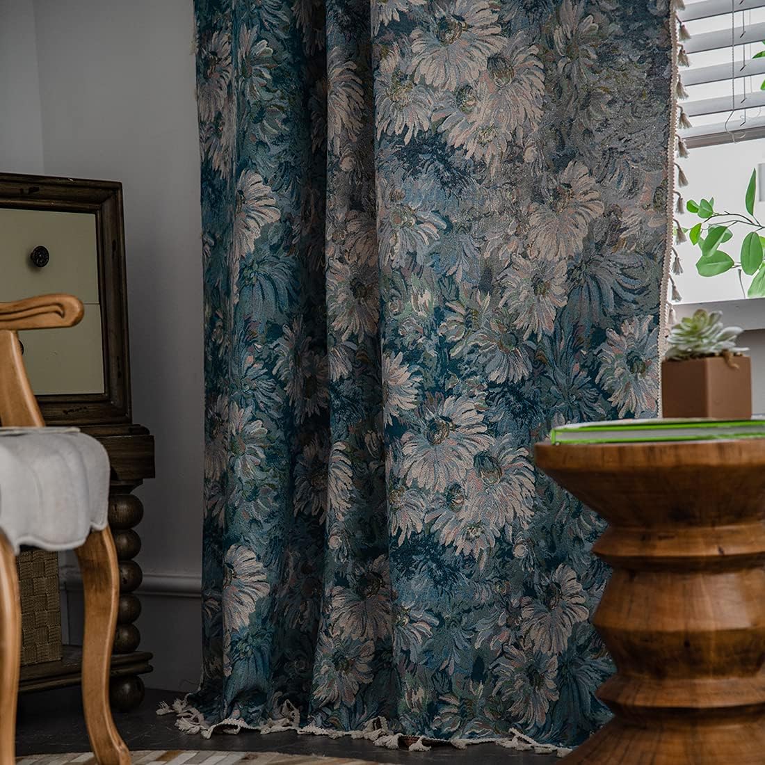 vctops Country Style Floral Jacquard Curtain Panels with Tassels Rod Pocket Room Darkening Thermal Insulated Window Drapes for Living Room Bedroom (Blue,59"x63")