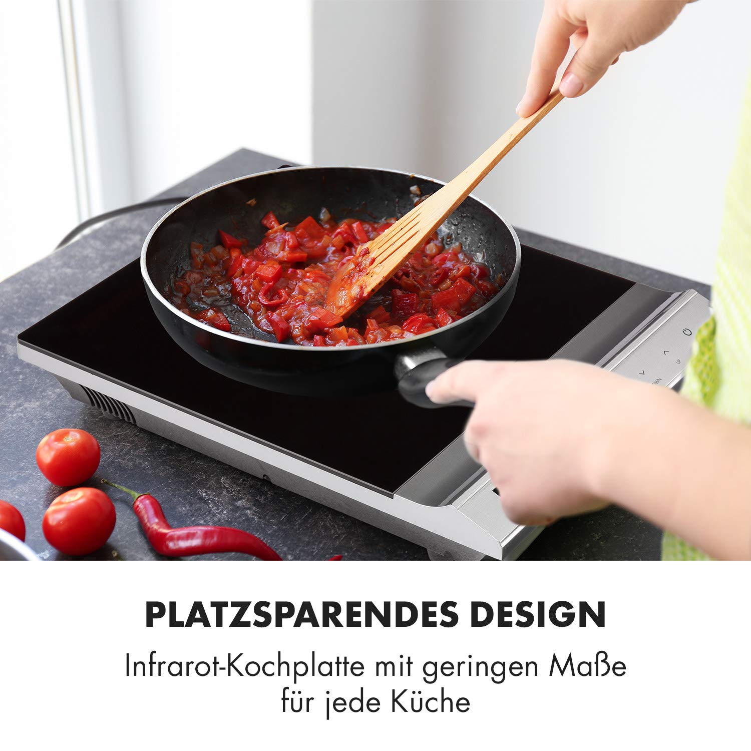 Klarstein MisterCook Kochplatte Infrarot-Kochfeld, Leistungs- und Temperaturstufen, Timer, Touchbedinung, Überhitzungs- und Überspannungsschutz, 1 Kochzone, 2000 Watt, silber