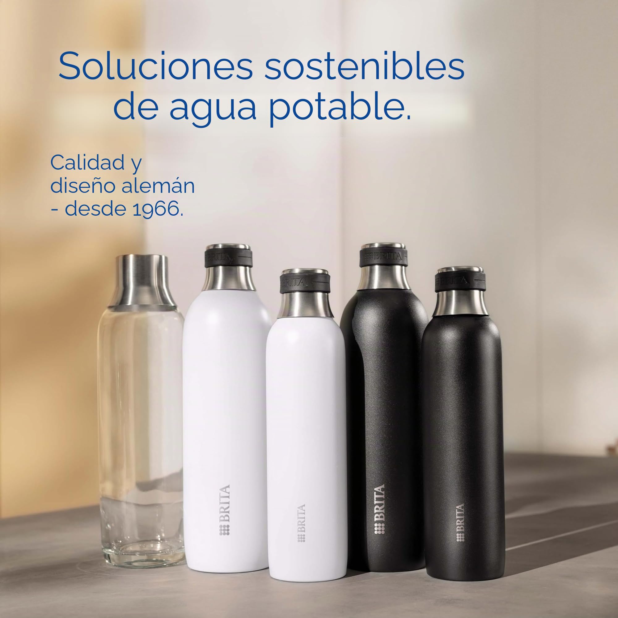 BRITA - Botella de acero inoxidable negra para sodaTRIO 1L - Termo con tapa de silicona antideslizante