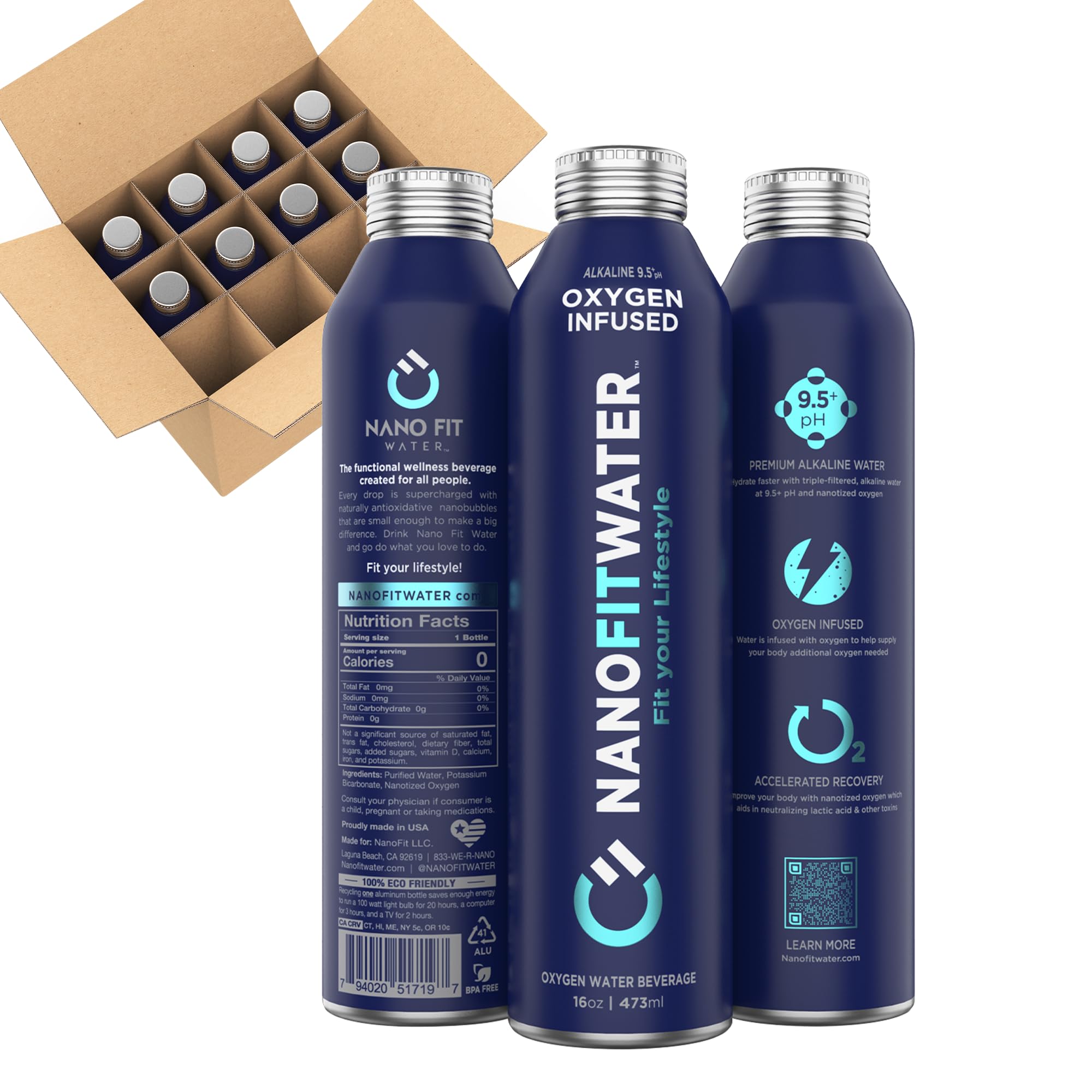 NANO FIT WATER - All Natural Oxygen Infused Bottle Water, 9.5+ pH Alkaline Still Drinking Water, 100% Recyclable Aluminum Bottle, 16 Oz (12 Pack)