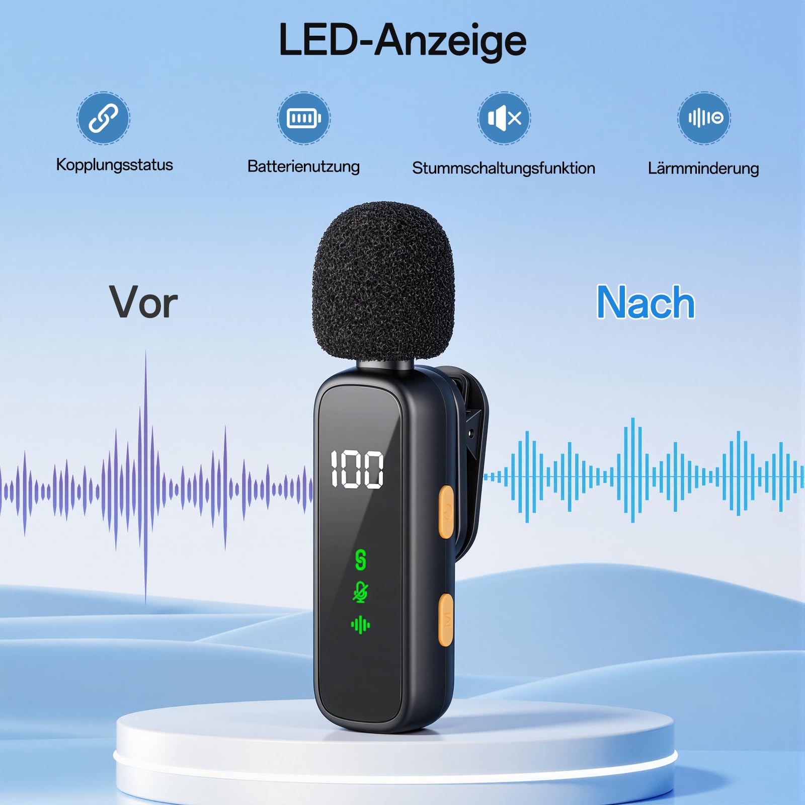 Upgrade Mini Mikrofon Handy mit Batterie-Display, Kabelloses Lavalier Ansteckmikrofon Klein Mic Wireless Plug-and-Play Microphone fur iPhone/iPad/Android Phone/PC, ideal für Vlog/Video/TikTok/YouTube