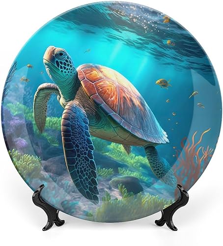 Miniatura 1 de Plato de porcelana de tortuga marina tropical con soporte, platos decorativos de océano costero con tema oceánico, platos de exhibición de cerámica