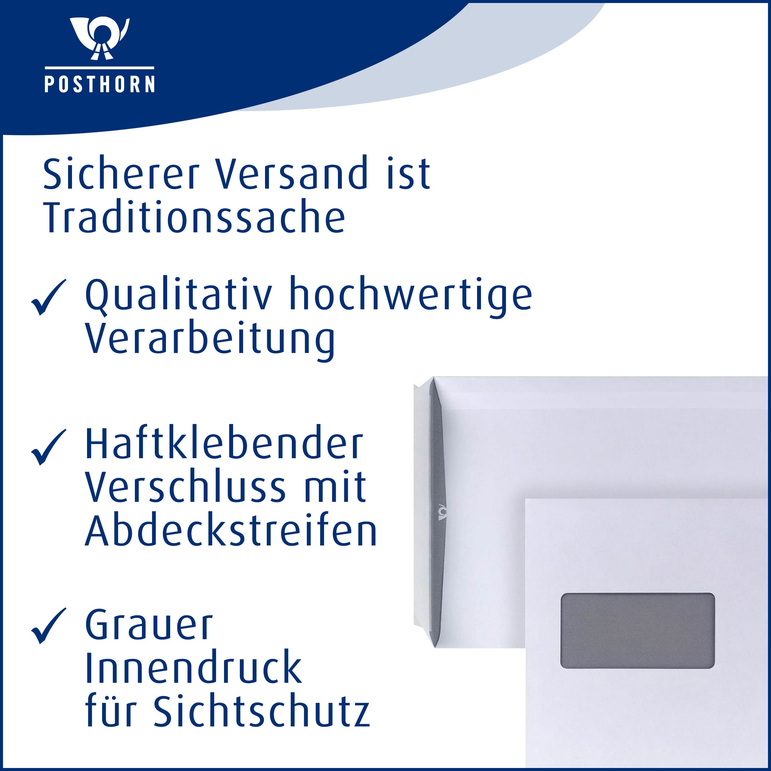 POSTHORN Versandtasche C5 (500 Stück), haftklebende Versandtaschen mit Fenster, weißer Innendruck für Sichtschutz, 229 x 162 mm, 90g/m² | Umschlag A5 mit grauem Innendruck für Sichtschutz - 229 x 162 x1 mm - 90g/m² - Weiß
