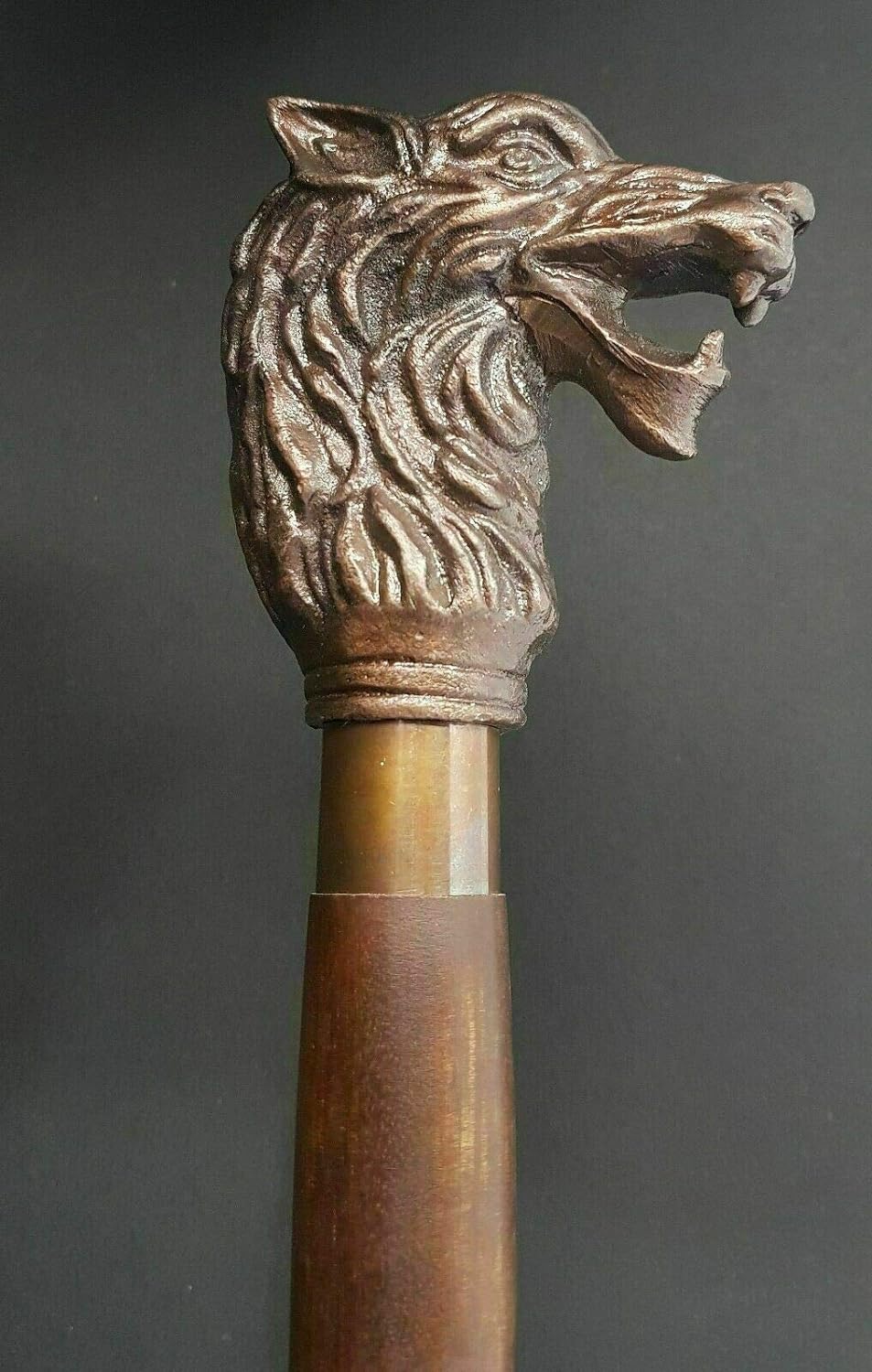 Waziha Noutical Handmade Walking Stick Wolf Head Copper Antique Metal Handle Wooden Vintage Cane, Brown, 36 inch - Image 3