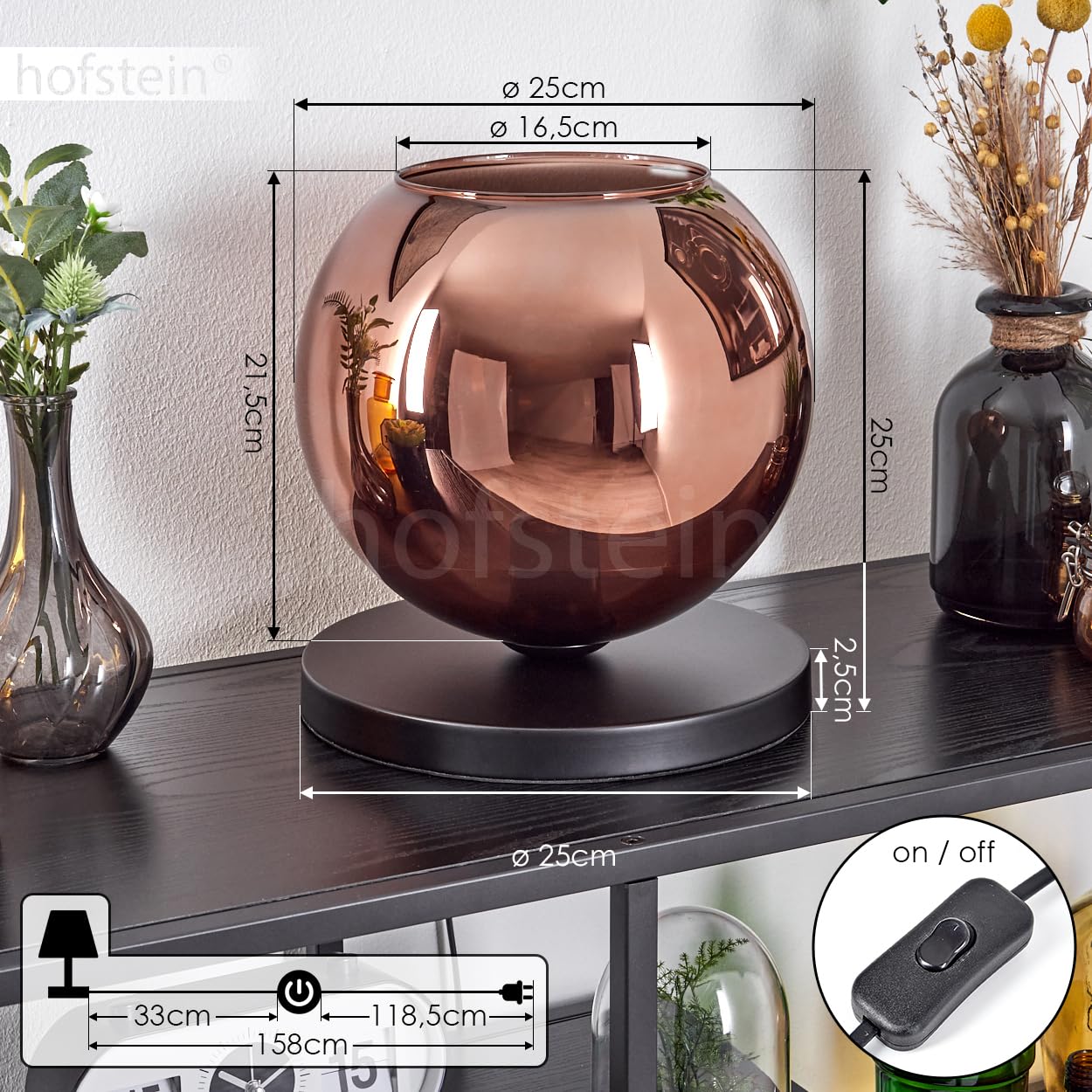 Tischleuchte Koyoto, Tischlampe aus Metall/Glas in Schwarz/Kupferfarben, Leuchte im modernen Retro/Vintage-Design mit Schirm aus Glas (Ø 25 cm) u. An/-Auschalter am Kabel, 1 x E27, ohne Leuchtmittel
