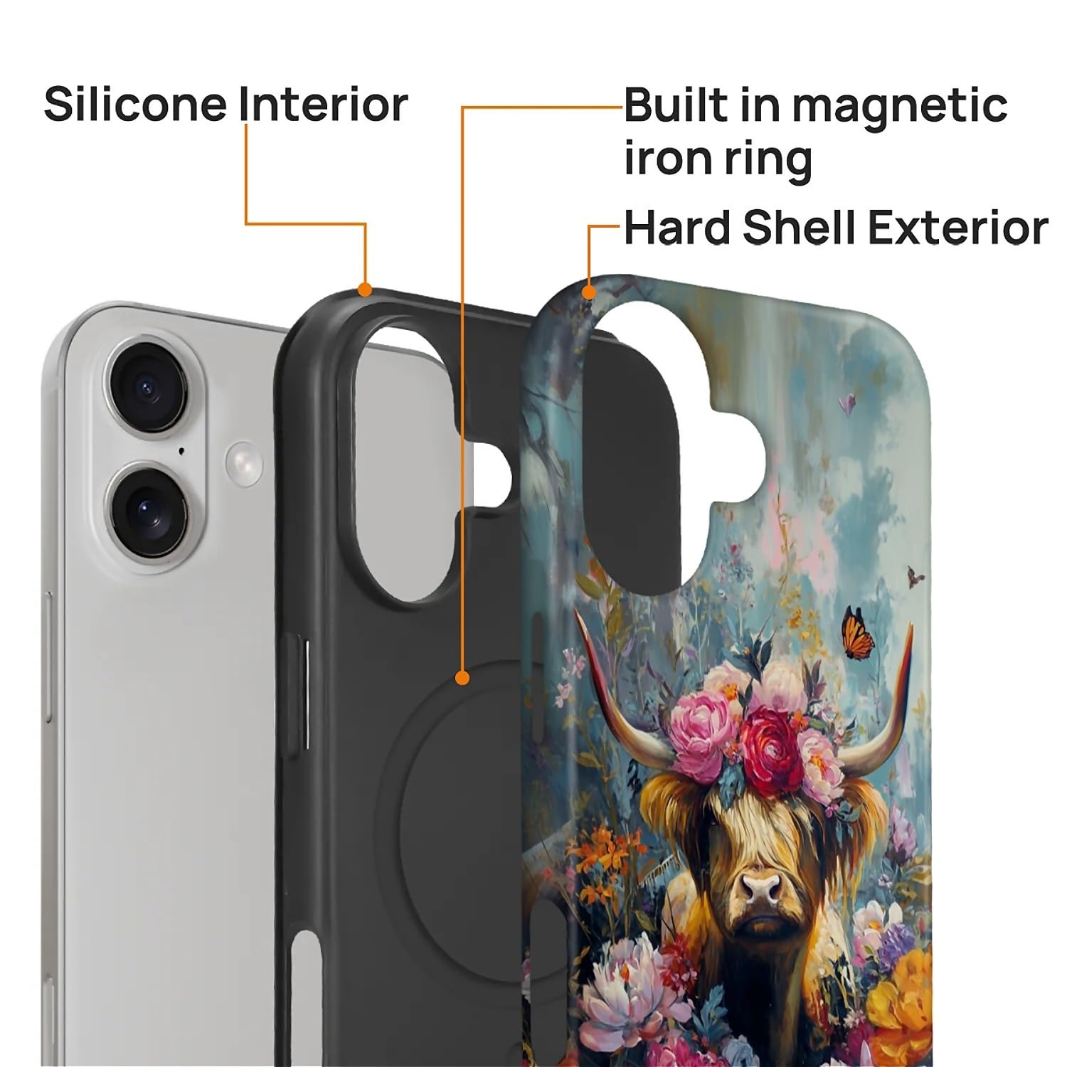 CARLOCA Custodia protettiva lucida per iPhone 17 compatibile con Magsafe Full Body per ragazza ragazzo antiurto ricarica magnetica motivo arte rococò colorata mucca delle Highland fiori farfalla
