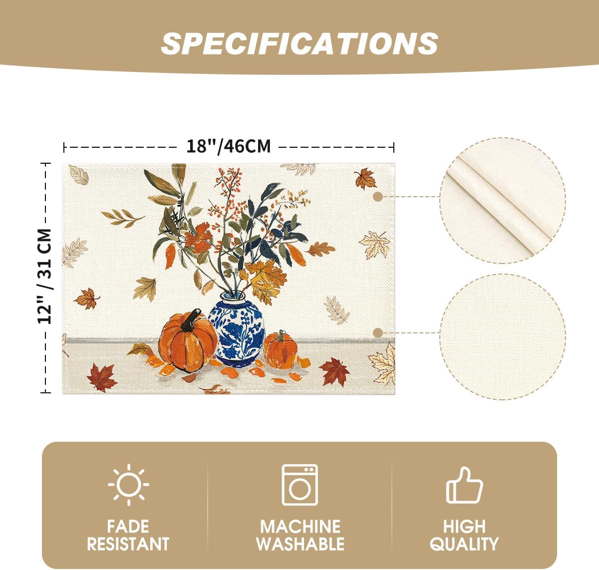 Artoid Mode Vase Leaves Pumpkins Fall Placemats Set of 4-12 x 18 Inch image 5