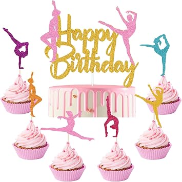 31 Pieces Gymnastics Cake Topper Gymnast cupcake Topper for Gymnastics Themed Baby Girl Happy Birthday Party Supplies Colorful Sparkle Decorations