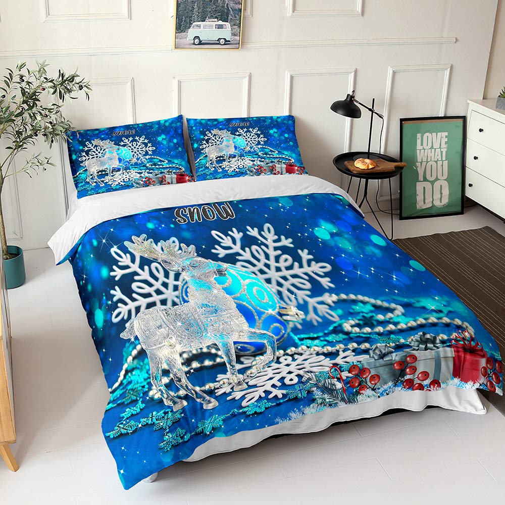 Housse de couette 220x240cm avec imprimé 3D flocon bleu pour des nuits douillettes en hiver