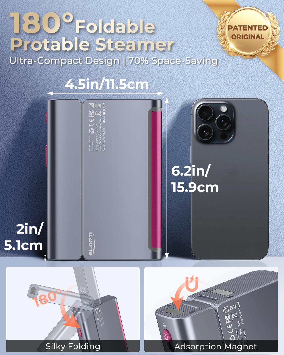 Vaporizador de viaje de 1200 W para ropa, portátil, mini voltaje, pequeño vaporizador de ropa plegable y plancha, vaporizador compacto de ropa, calentamiento rápido de 15 segundos, cable