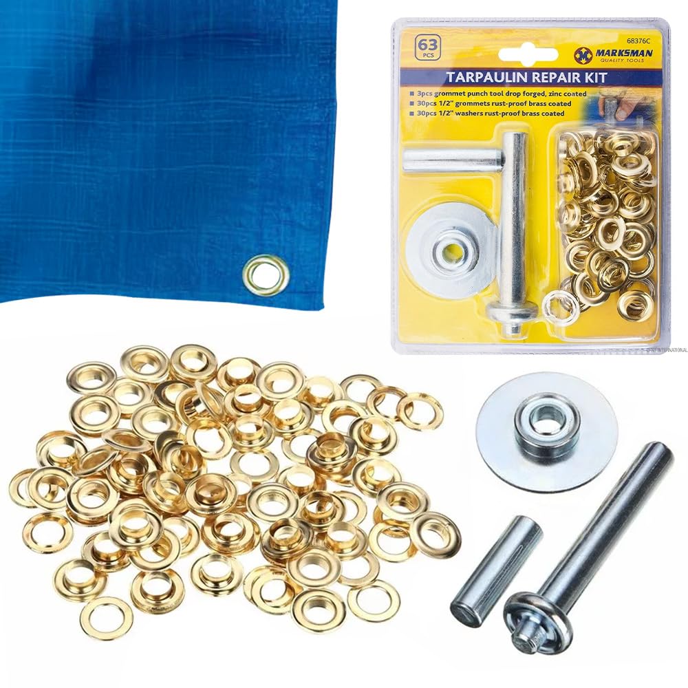 63Pc Tarpaulin Repair Kit - Groundsheet Cover, Repair Kit | Tool Set Eyelet, Grommets Repairing Covers, Curtains, Multi Purpose Household DIY Tarp Fixing Tools, Easy to Use
