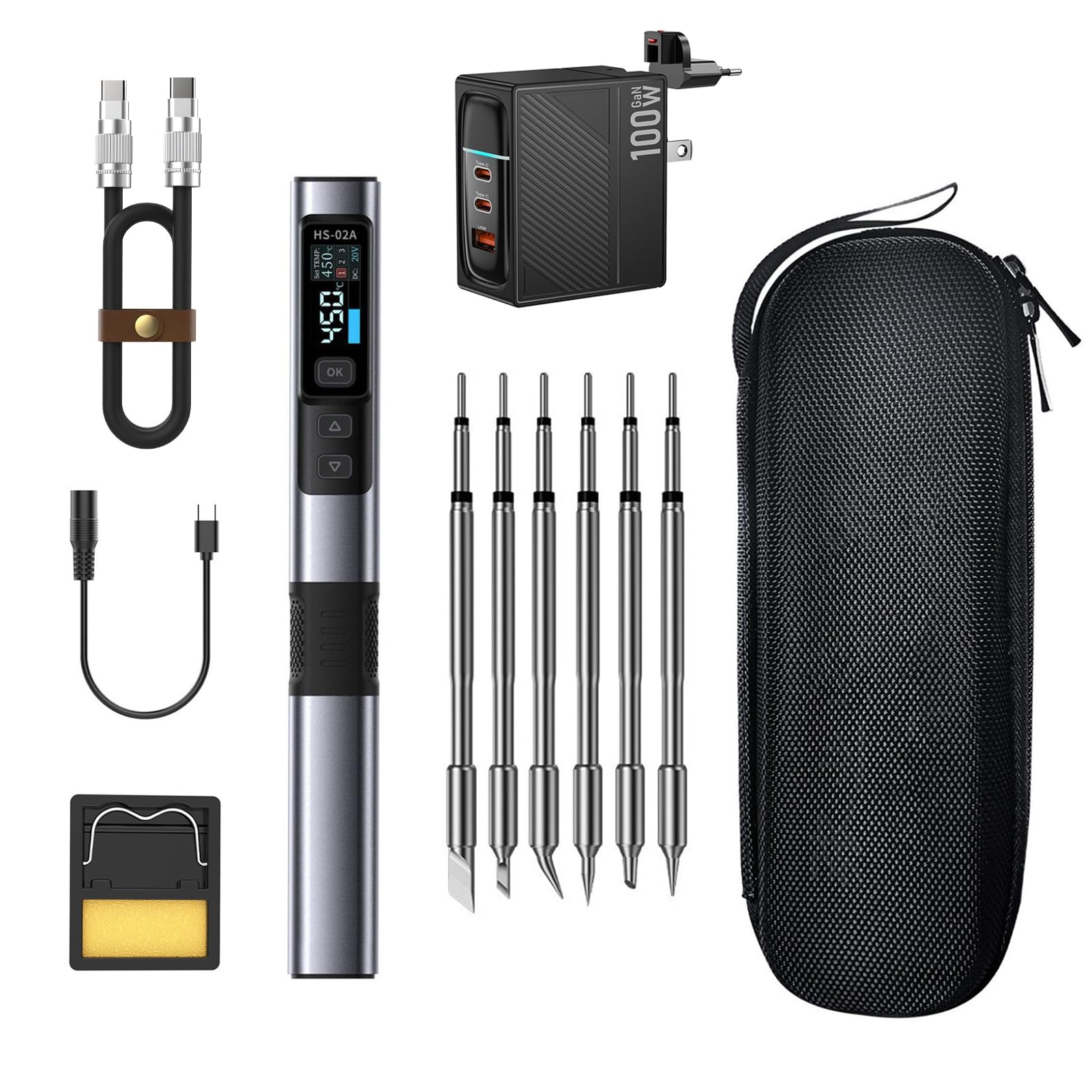 Electric Soldering Iron Kit 100W DC9-24V Mini Soldering Iron, Multi-Modes Power PD/QC/DC Fast Heating 6 Soldering Heads for Precision Electronics Repair HS-02A