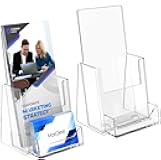 Brochure Holder 4x9 inch with Business Card Organizer, Acrylic Literature Display Stand Clear Plastic Flyer Holder Wall Mount or Countertop Use for Pamphlets, Booklets, 2 Pack