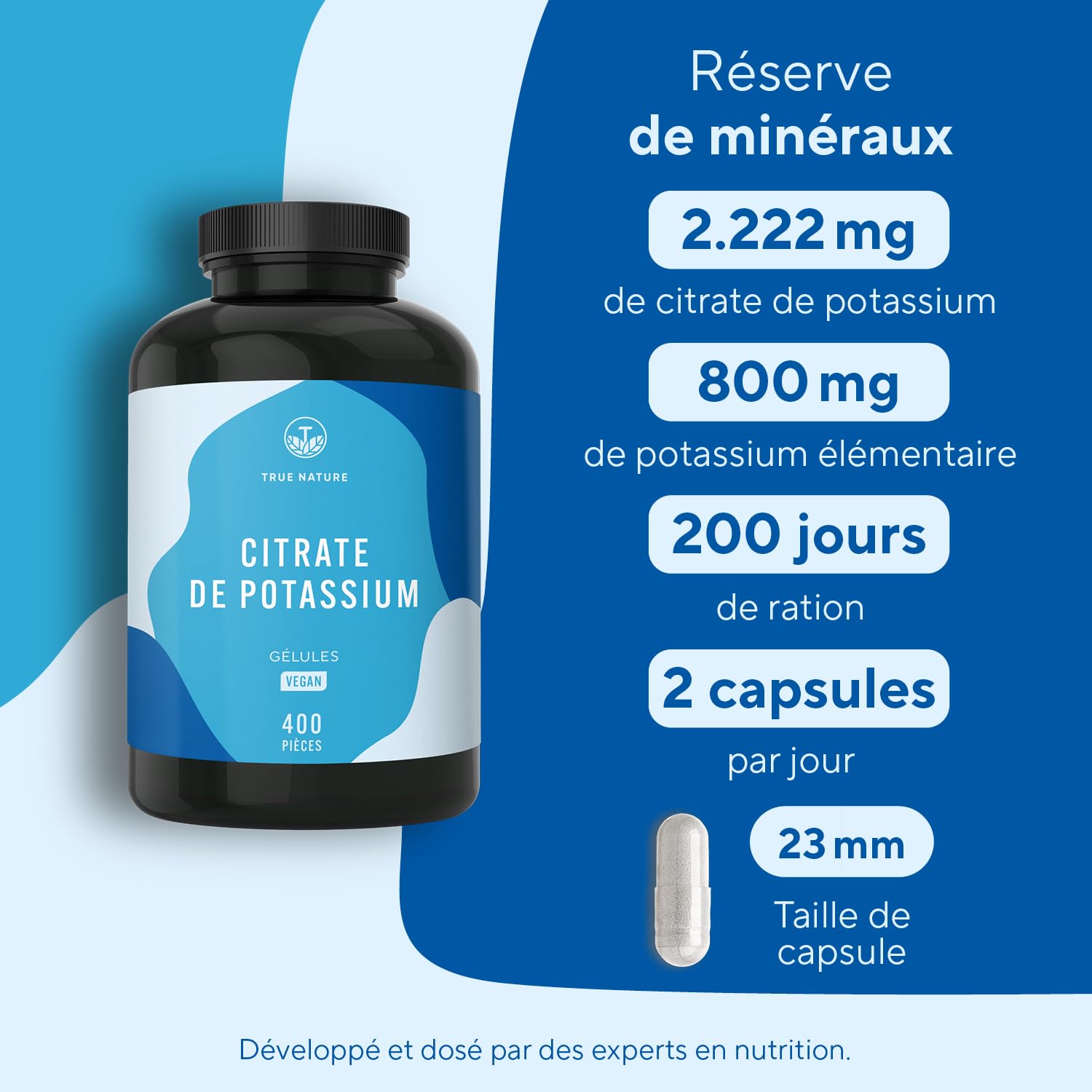 Citrate de Potassium 2.222 mg | 400 Gélules pour 200 jours - 800 mg Potassium Élémentaire - Complément Haute Dose - Vegan - Sans Additifs, Excipients, Gluten & Lactose | TRUE NATURE