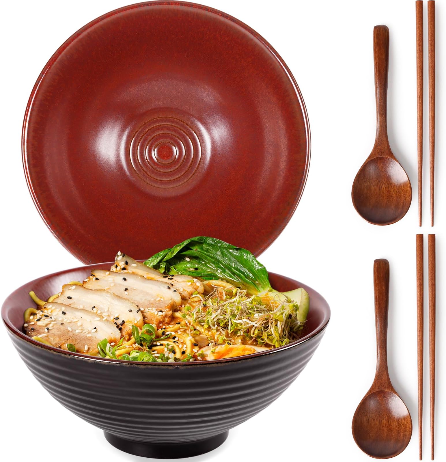 NUTRIUPS 8 Inch Ceramic Ramen Bowl Set of 2 Pho Bowls 40oz Japanese Noodle Udon Soup Bowls with Spoons and Chopsticks (Agate Red)