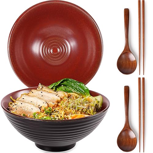 NUTRIUPS Juego de 2 cuencos de cerámica para ramen de 1200 ml con palillos y cucharas (rojo ágata) - Ágata Roja