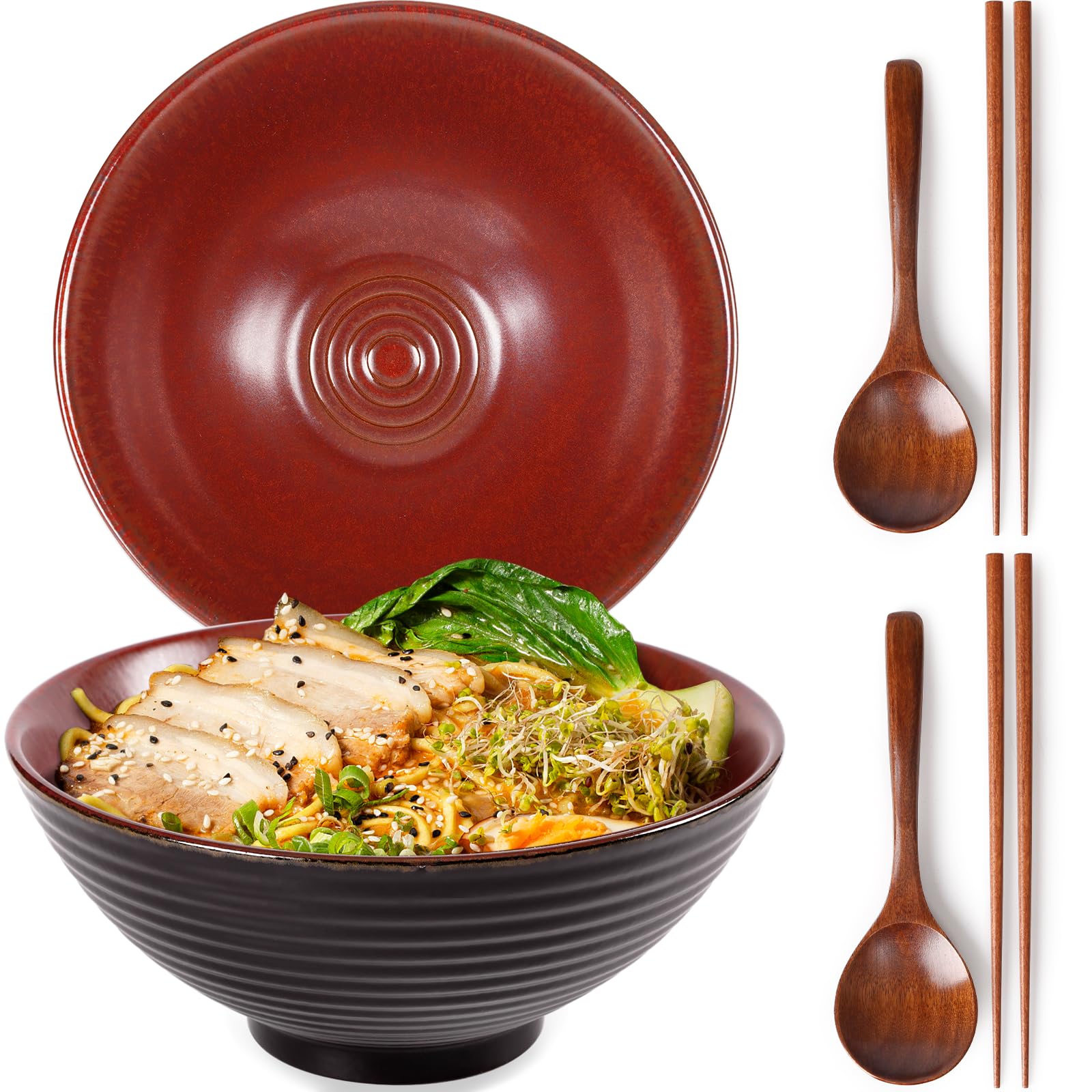 NUTRIUPS 8 Inch Ceramic Ramen Bowl Set of 2 Pho Bowls 40oz Japanese Noodle Udon Soup Bowls with Spoons and Chopsticks (Rusty Red Brown)