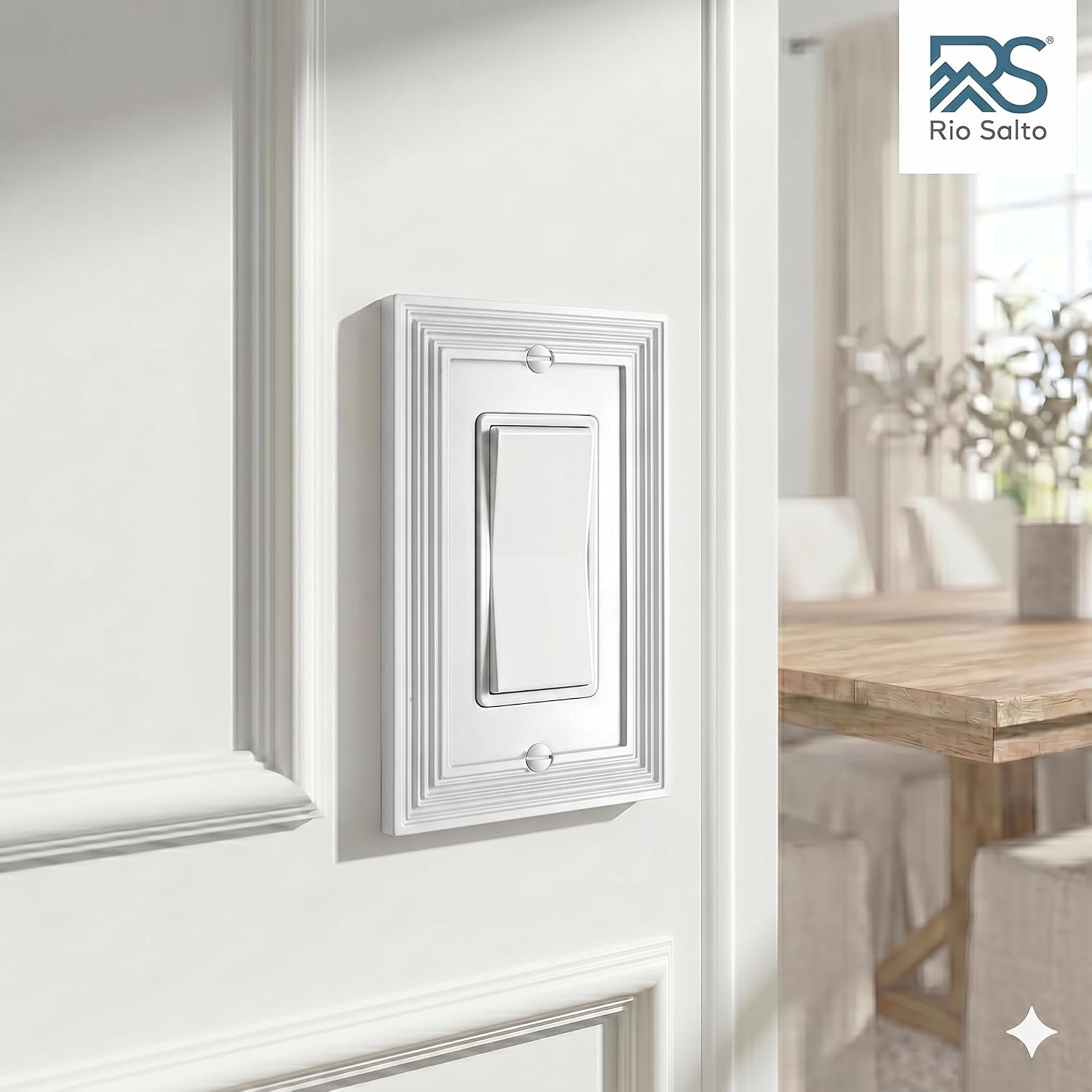 Rio Salto Rocker Light Switch Cover Plate Decorator Paddle GFCI Outlet Covers Wall Plates 1 Gang Single White Metal — Estate Collection, Midsize 2-Pack, 5.00" X 3.13"