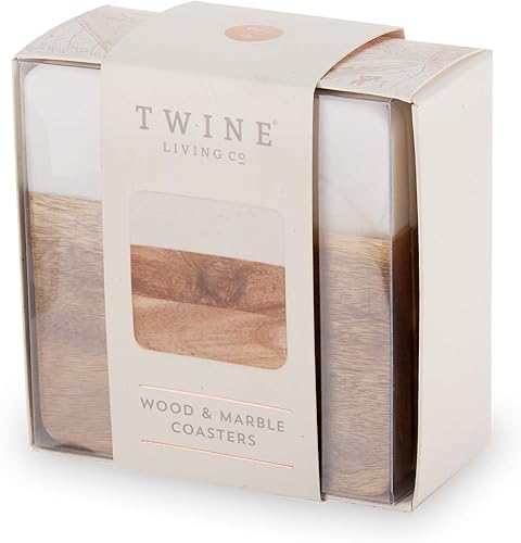 Miniatura 6 de Twine Posavasos de mármol y acacia, posavasos cuadrados modernos, madera de acacia, mármol, protege mesas y superficies, juego de 4