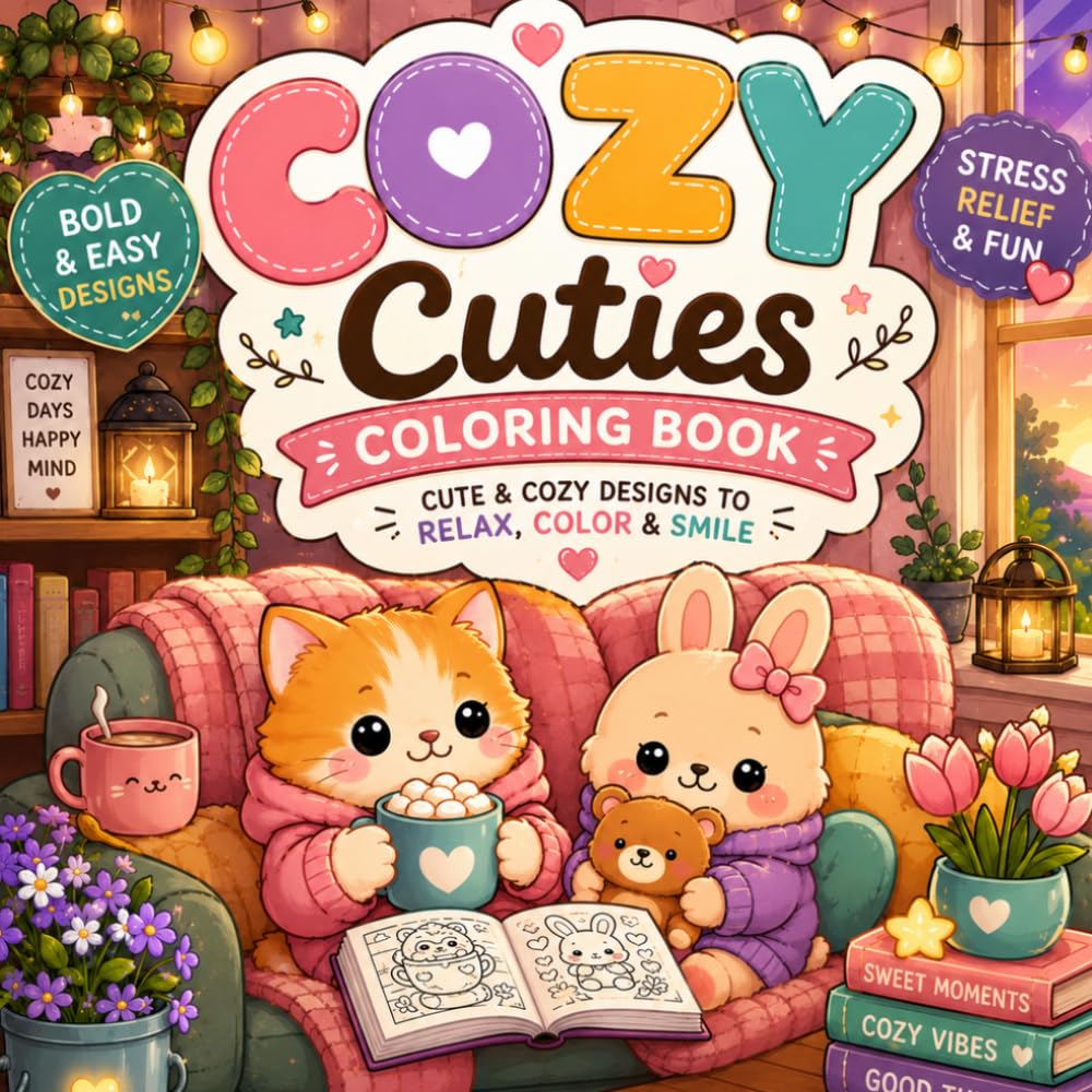 Cozy Cuties Coloring Book for Adults & Teens: Cute Bold and Easy Animal Coloring Pages, Relaxing Cozy Scenes for Stress Relief