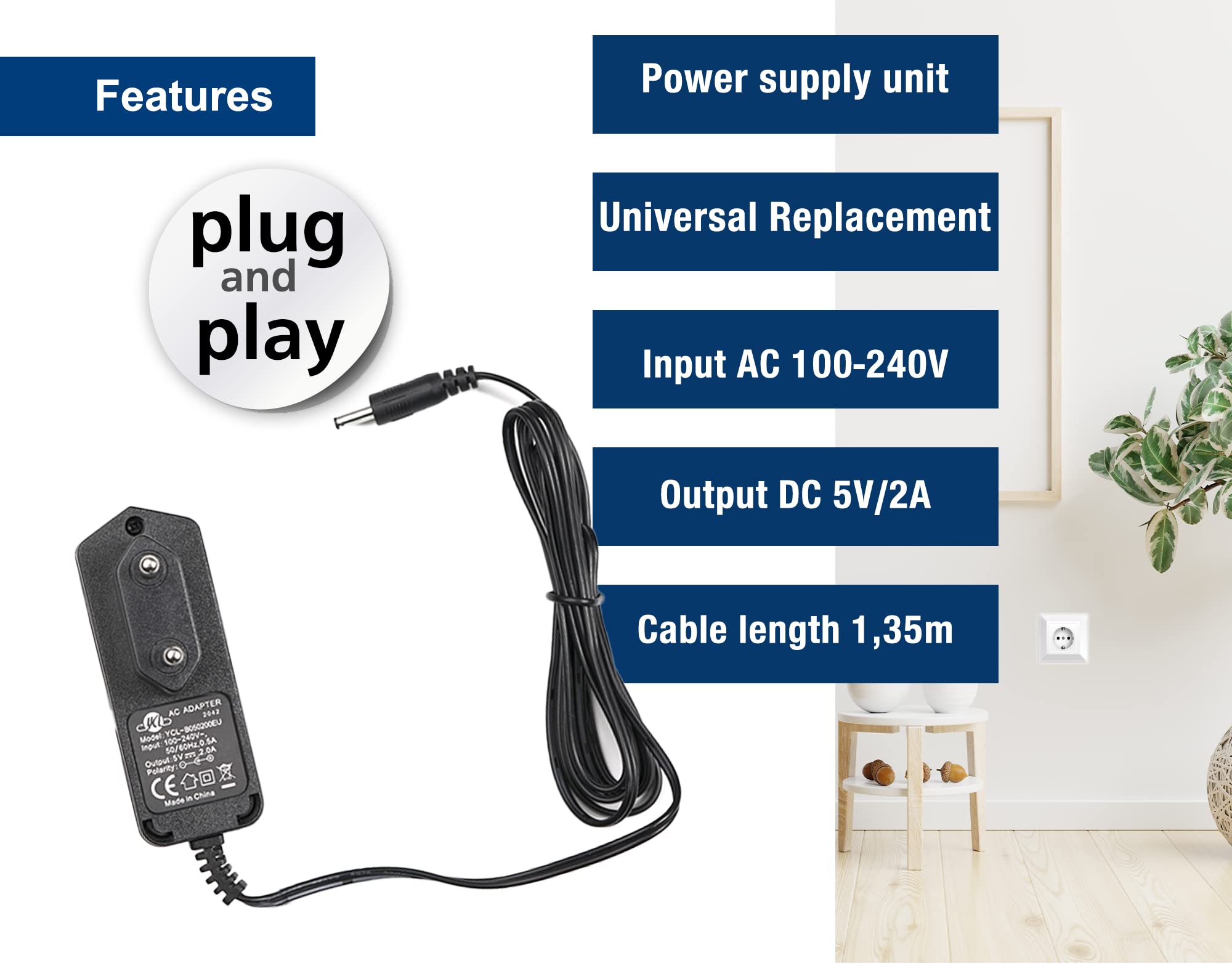 Edision Alimentatore 5V/2A 2pin EU, Universale, Compatibile con HDMI MODULATOR mini, 3in1, lite, Xtend, 4K HDMI Splitter 1x8 e PING