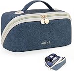 Prite Makeup Bag for Women Travel Waterproof Vegan Leather Cosmetic Bag Open Flat Toiletry Bag with Clear Divider and Handle (Beige) | Clear Divider, 2 Compartments, Waterproof, Vegan Leather, Elastic Slot, Handle, Lightweight, Large Capacity, Easy C