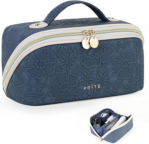 Prite Large Capacity Makeup Bag Portable Travel Cosmetic Bag Waterproof Toiletry Case with Clear Divider and Handle, Blue Flower, M