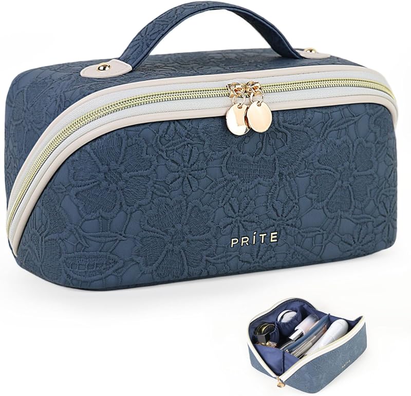 Prite Makeup Bag Travel Toiletry Bag Open Flat Cosmetic Organizer for Women | Clear Divider, 2 Compartments, Waterproof, Vegan Leather, Elastic Slot, Handle, Lightweight, Large Capacity, Easy Clean