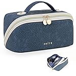 Prite Travel Cosmetic Bag Makeup Organizer Bag For Women Large Capacity Waterproof PU Leather Toiletry Bag with Handle and Clear Divider(Blue Flower)