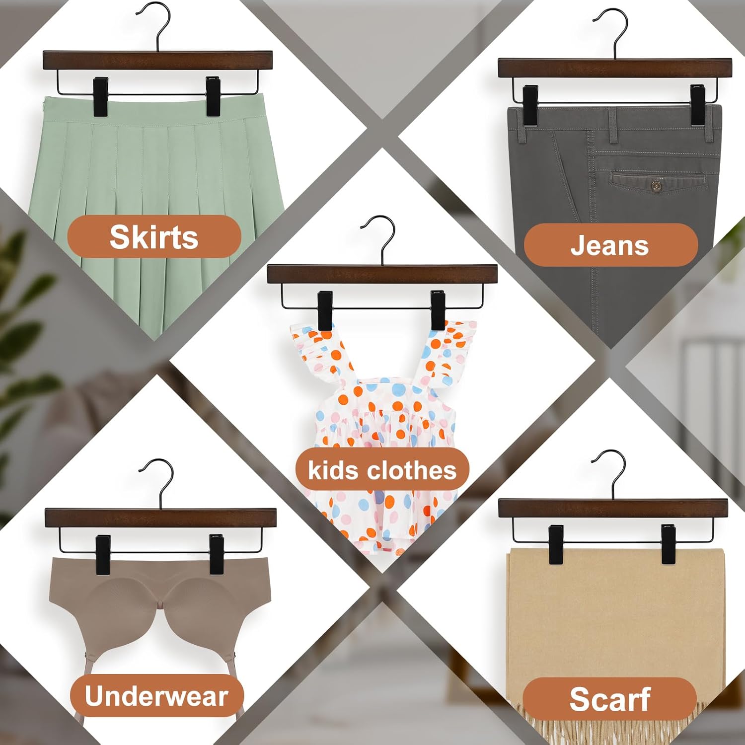 TOPIA HANGER Pants Hangers, Wooden Skirt Trouser Hangers with 2 Adjustable Metal Big Clips, Premium Retro Finish and 360°Swivel Black Hook, Jean Slacks Hangers for Closet, 20 Pack, CT03A20