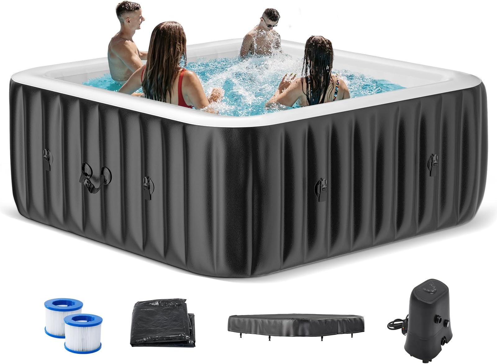 NAIZEA Inflatable Hot Tub - Outdoor Hot Tubs 2 to 4 Person, Portable Blow Up Spa Square Portable Hot Tub, 120 Soothing Bubble Air Jets, Cover, 2 Filter, 158 Gallon(57” X 57” X 25”)