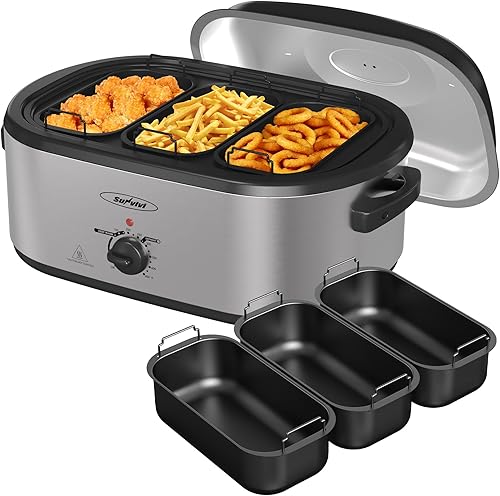 Sunvivi Horno asador eléctrico, horno asador de pavo de 24 cuartos de galón con servidor buffet de 3 contenedores, control de temperatura de rango