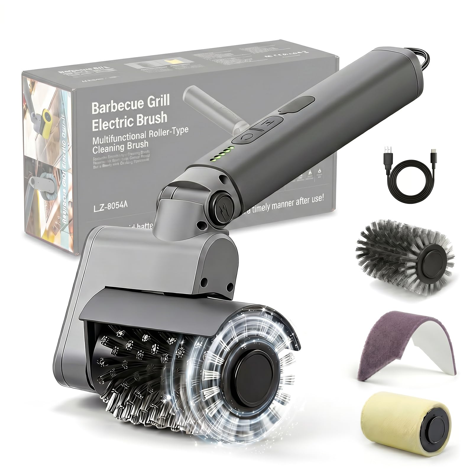 Kit 3 in 1 con spazzola elettrica per barbecue, senza fili, con setole metalliche rinforzate sicure, durata di 2 ore, impermeabile e lavabile in lavastoviglie, spazzole rimovibili per una pulizia