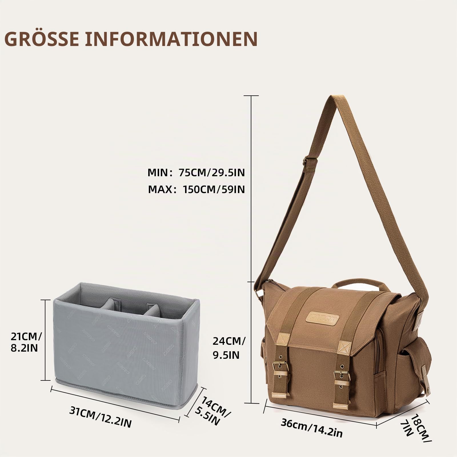 CADeN Large Camera Bag for Photographer, Wasserabweisend DSLR Kameratasche | Leicht Zu Reinigen, Kompatibel mit Sony Nikon Canon eos r50. Kamera Rucksack für DSLR/SLR Kamera Sling Bag, Braun. FOL, L