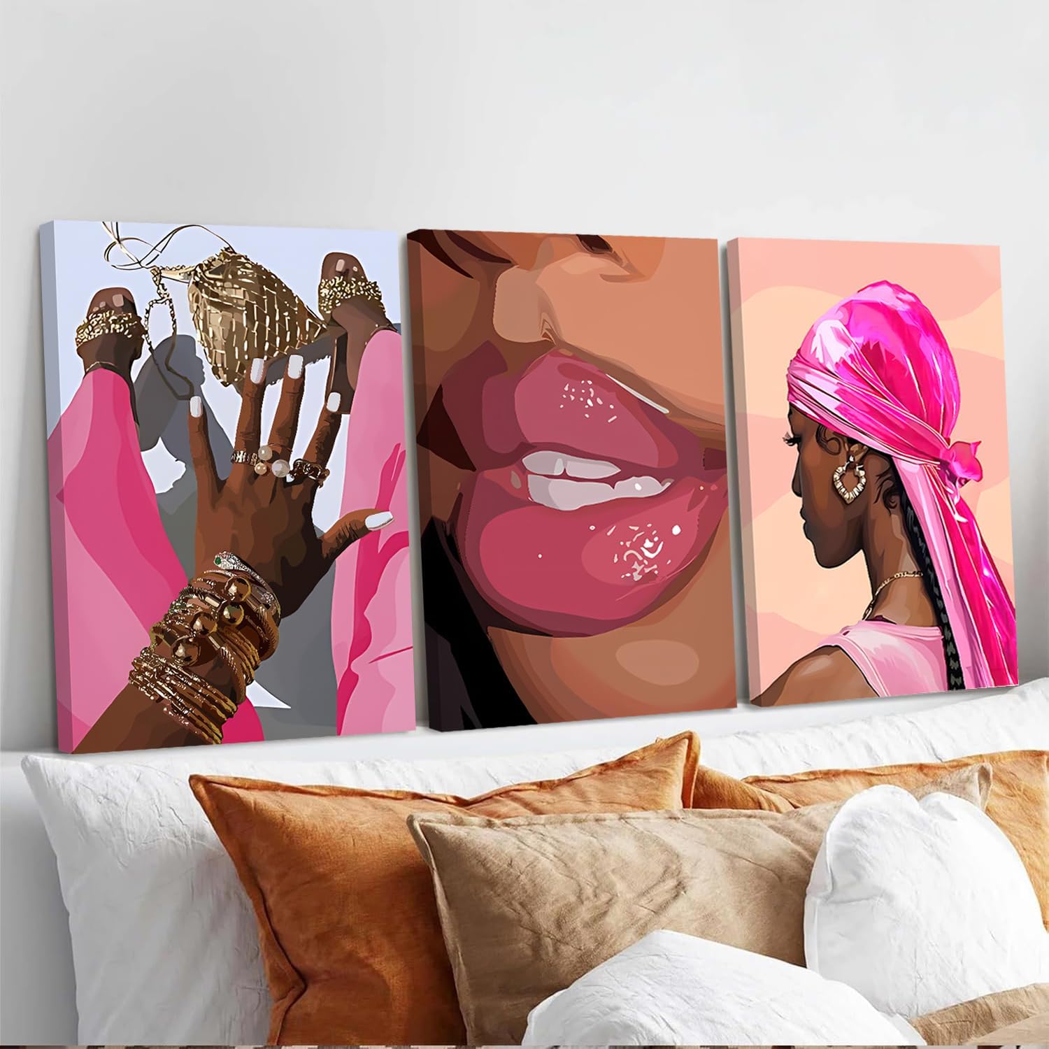 Black Girl Canvas Wall Art Set of 3 Pink African American Black Woman Wall Decor Fashion Abstract Black women Aesthetic Poster Prints for Living Room Bedroom Bathroom16x24in Framed