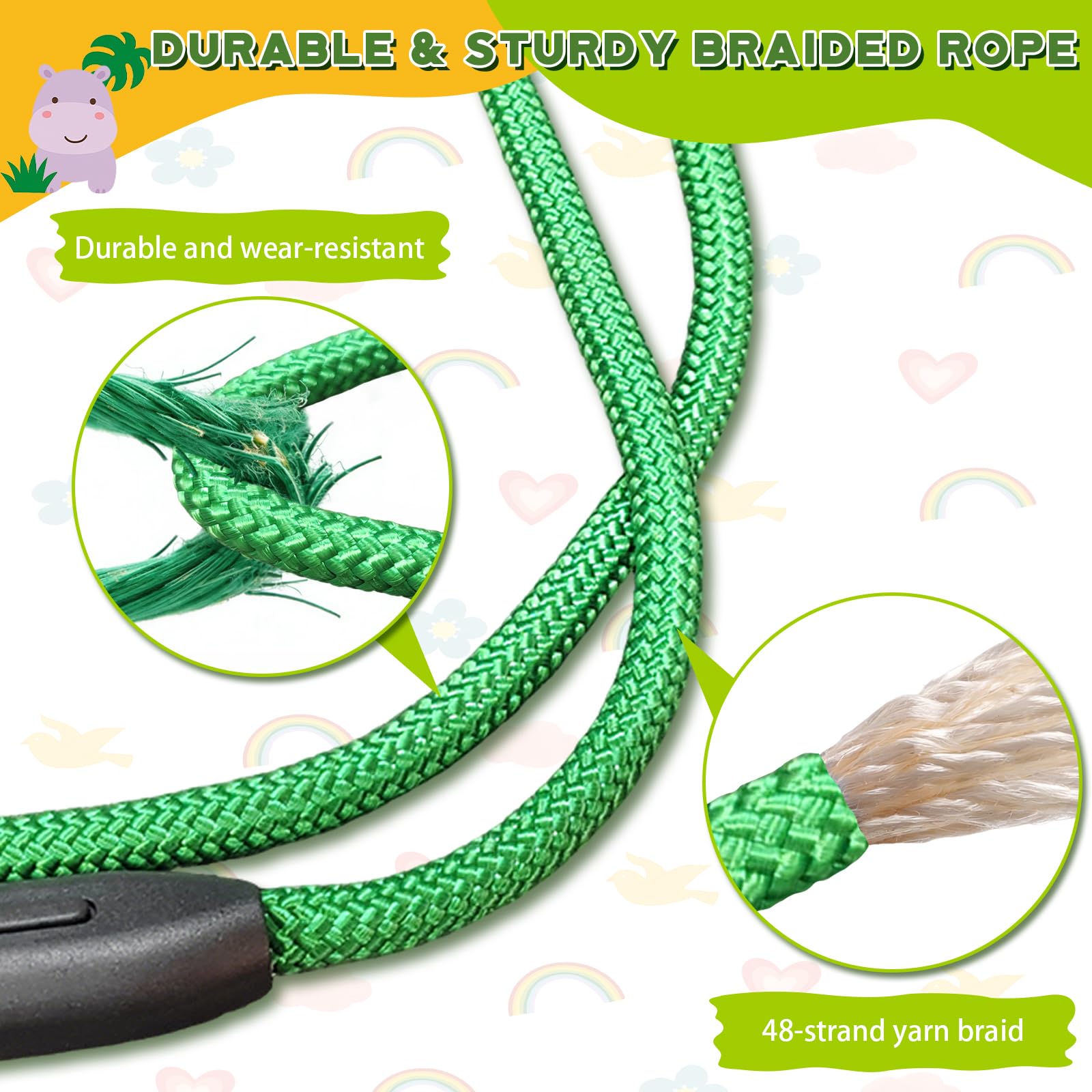 Columpio de punto a mano, asiento de cuerda verde de 74 a 112 pulgadas con broche de presión, cuerda de escalada profesional resistente en forma de U, respaldo de espuma antivuelco, juegos de