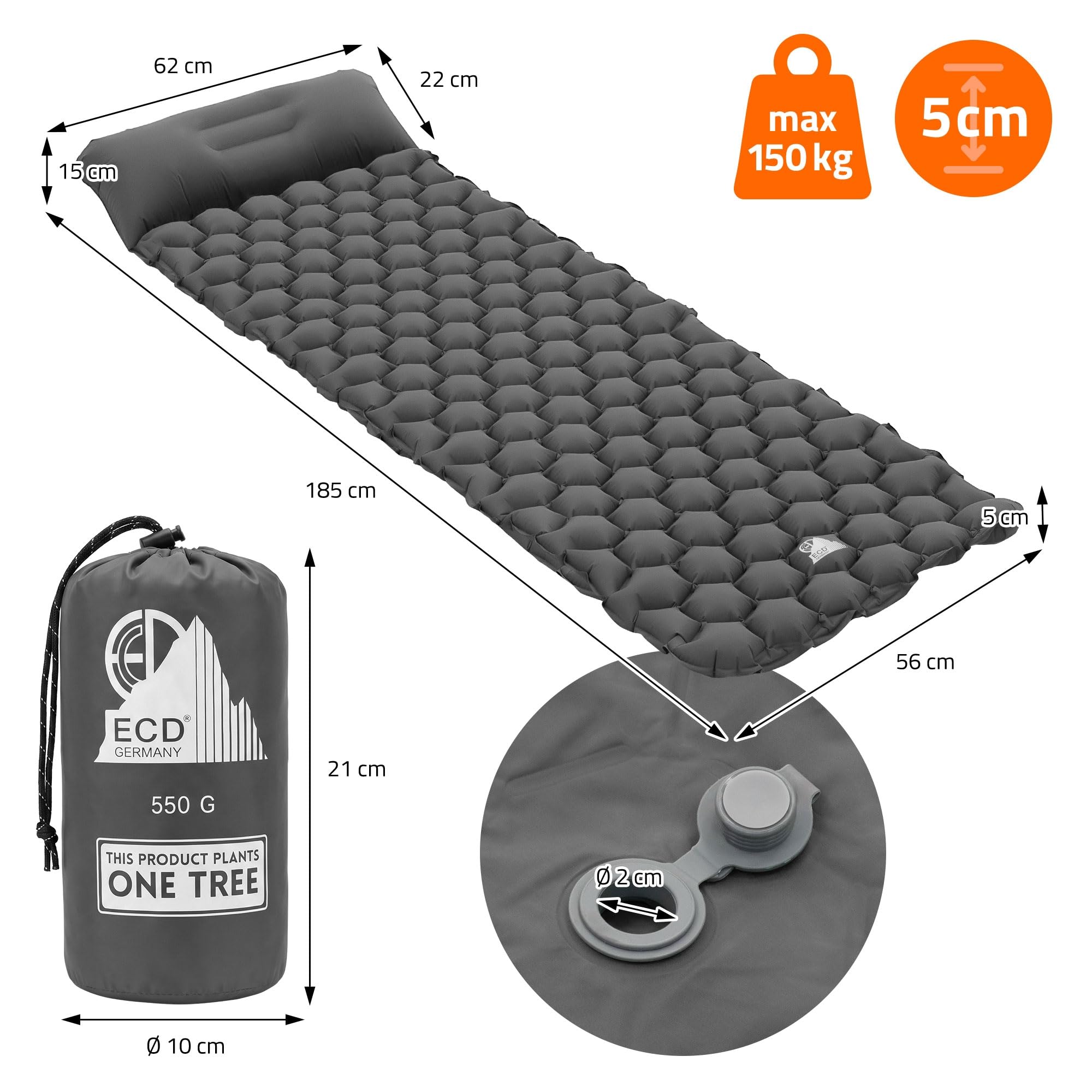 ECD Germany Colchoneta Camping Inflable Ultraligera, Esterilla Hinchable Portátil y Compacta con Almohada Integrada, Verde/Gris, Colchón Individual Plegable para Tienda de Campaña, Playa, Senderismo