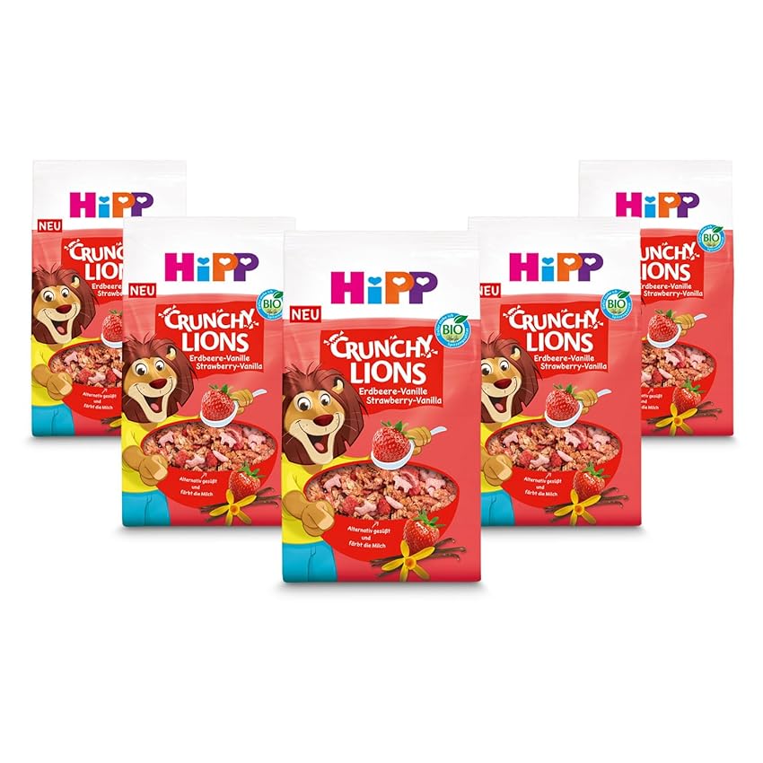 HiPP Crunchy Lions, Muesli alla Fragola e Vaniglia, Biologico, 5x300g, Cereali per Bambini dai 3 Anni, Ideali per Colazione o Merenda, Colorano il Latte, Divertenti e Nutrienti