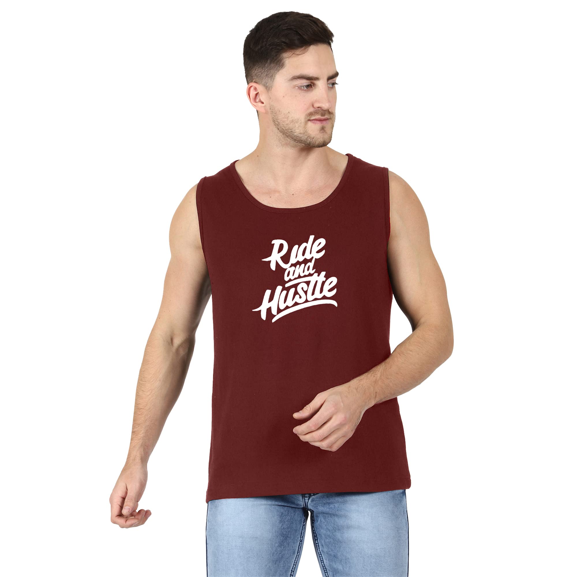 Ride and Hustle Printed Tank Tops for Men and Boys | Sleeveless Tshirts | Bikers | Riders | Bike Riders | Travellers | Cotton | Stylish | Quote Gym Wear