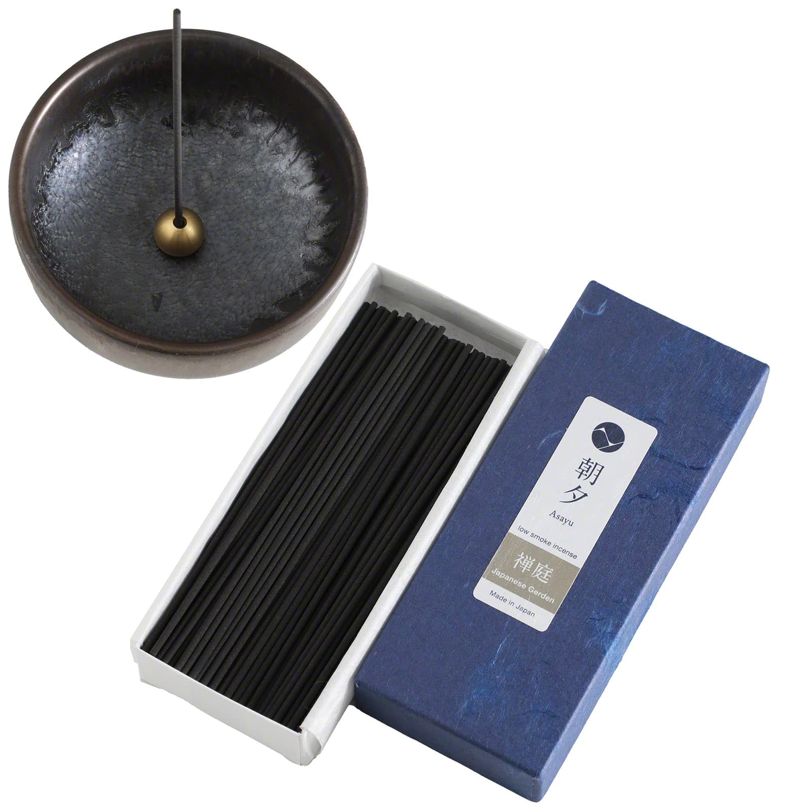 Asayu Japan Räucherstäbchen Geschenkset mit Zen Räucherstäbchenhalter und Messingständer - Japanischer Zen Garten + Zen Räucherstäbchenhalter