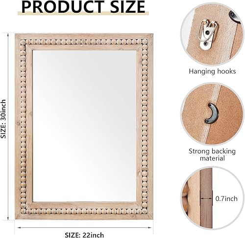 Miniatura 3 de H HOMEWINS Espejo rectangular rústico, espejo decorativo cuadrado de madera de 22 x 30 pulgadas, espejo decorativo de cuentas naturales de granja