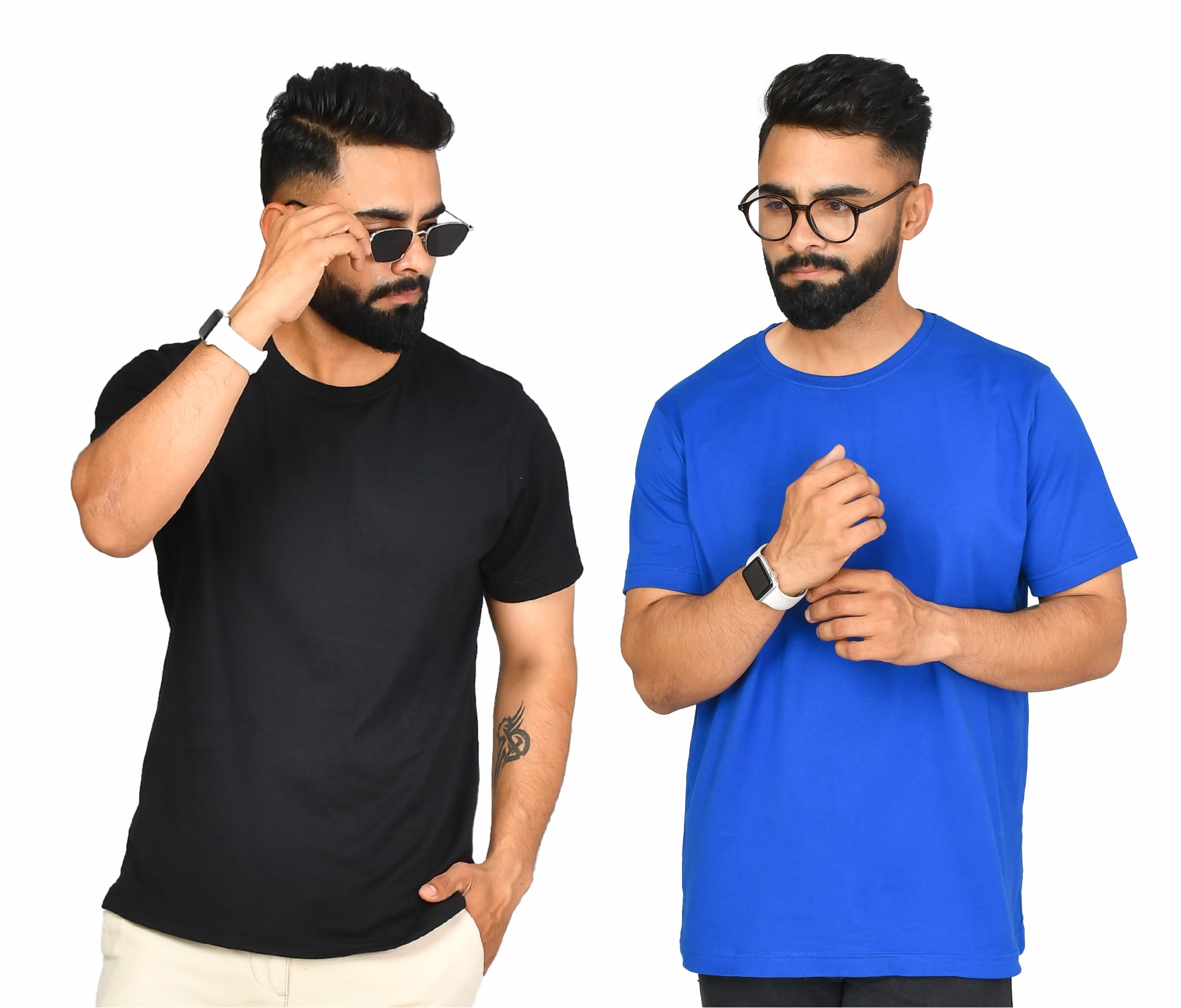 Burundi Blu 2 Pack 100% Cotton Solid Tshirt for Men Plain t Shirt | Half Sleeves Round Neck | Long Lasting Durable Fabric_BLK & MG_