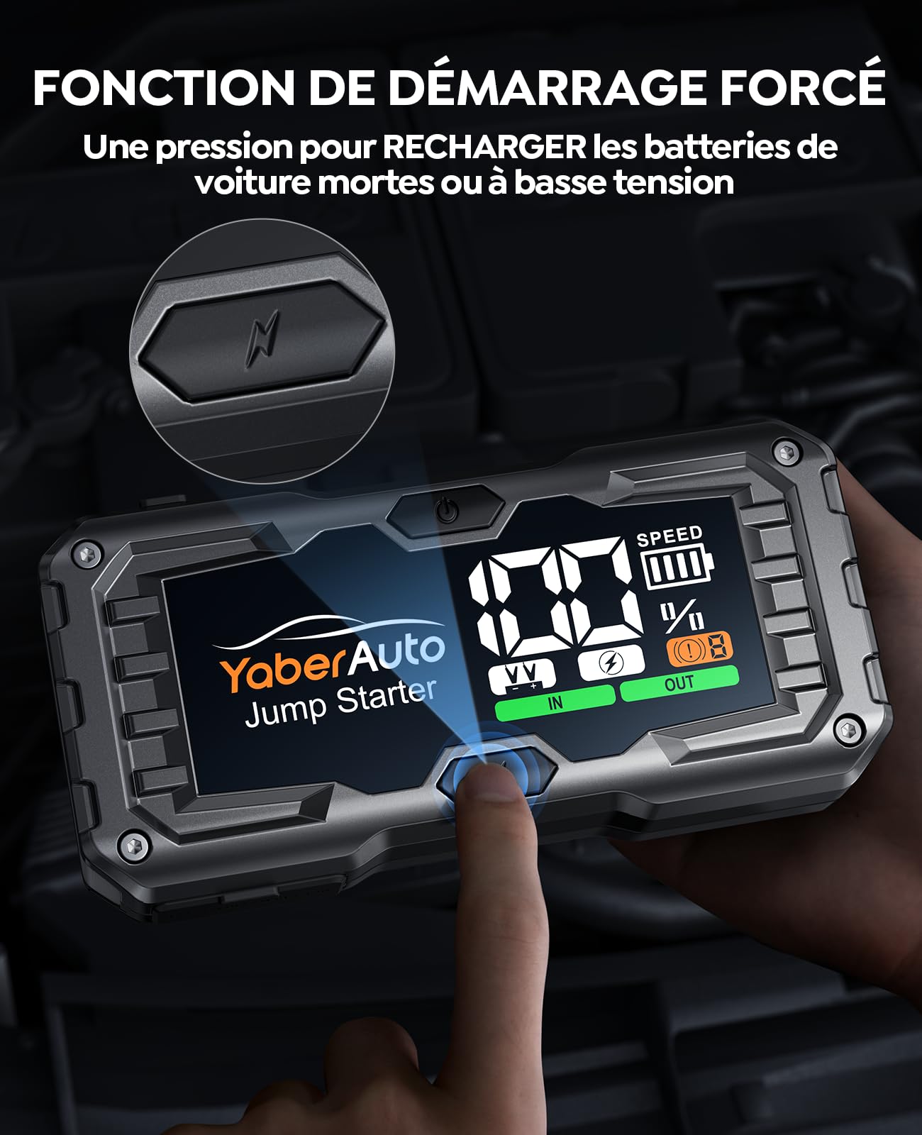 Booster Batterie Voiture 5500A 21800mAh, Portable Jump Starter (Jusqu’à 10,0L Gaz/9,0L Diesel), YaberAuto Démarreur de Voiture avec Câble Rallongé, Grand Écran et Lumière LED
