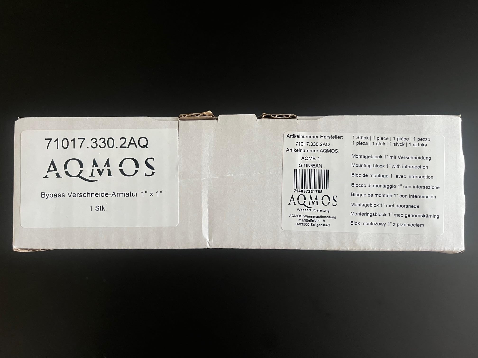 Aqmos Wasserenthärter Montageblock 1" IG x 1" AG mit Verschneidung & Probeentnahmehahn